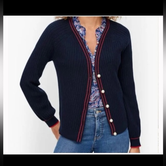 NWT Talbots V-Neck Ribbed Pearl button Cardigan Tipped Navy with Red
Size Large - Picture 3 of 12